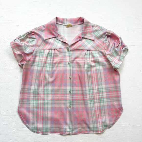 Vintage 70s Land n’ Sea Pastel Plaid Button Up Blouse, Size XL - Picture 1 of 9